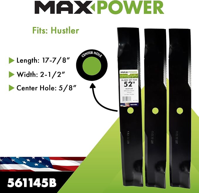 MaxPower 561145B USA MADE 3 Blade Set | For 52" Cut Hustler Mowers Replaces OEM #'s 795526, 603995, 783753, 787721, 30227-52X