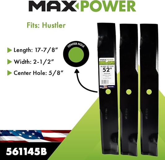 MaxPower 561145B USA MADE 3 Blade Set | For 52" Cut Hustler Mowers Replaces OEM #'s 795526, 603995, 783753, 787721, 30227-52X