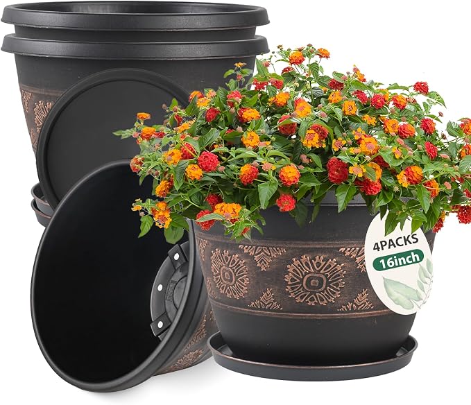 Usocik 16 Inch Retro Plant Pots 4 Pack with Drainage and Saucers Copper | Large copper retro PP pots with drainage holes and saucers for houseplants patios porches gardens and entryways