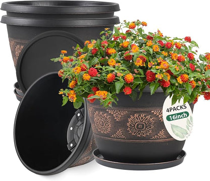 Usocik 16 Inch Retro Plant Pots 4 Pack with Drainage and Saucers Copper | Large copper retro PP pots with drainage holes and saucers for houseplants patios porches gardens and entryways