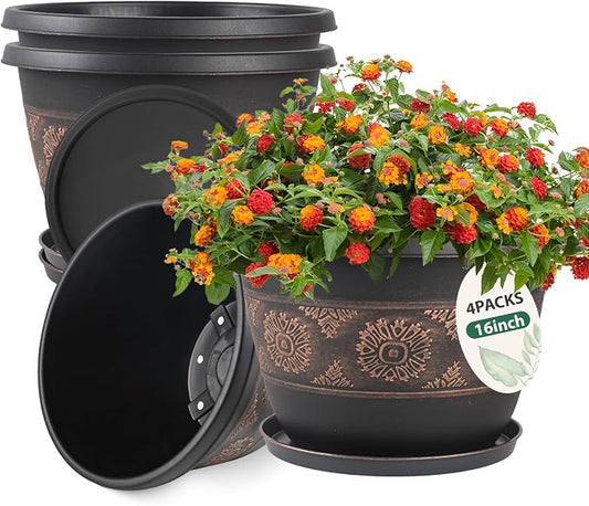 Usocik 16 Inch Retro Plant Pots 4 Pack with Drainage and Saucers Copper | Large copper retro PP pots with drainage holes and saucers for houseplants patios porches gardens and entryways