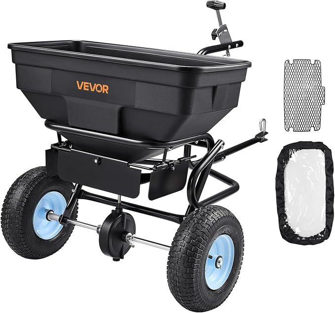 VEVOR Tow Behind Broadcast Spreader, 130LBS Capacity, Tow/Push Garden Spreader with 13 in Tires, 30 Adjustable Setting & 9.8 ft Spreading Width, Lawn Spreaders for Seed, Fertilizer, Salt, Ice Melt