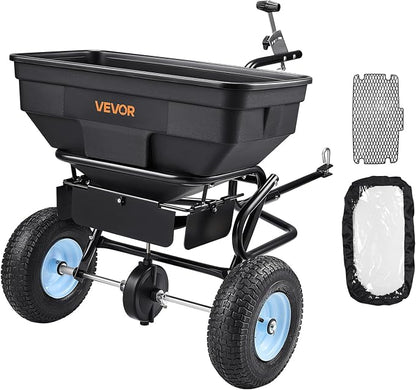 VEVOR Tow Behind Broadcast Spreader, 130LBS Capacity, Tow/Push Garden Spreader with 13 in Tires, 30 Adjustable Setting & 9.8 ft Spreading Width, Lawn Spreaders for Seed, Fertilizer, Salt, Ice Melt