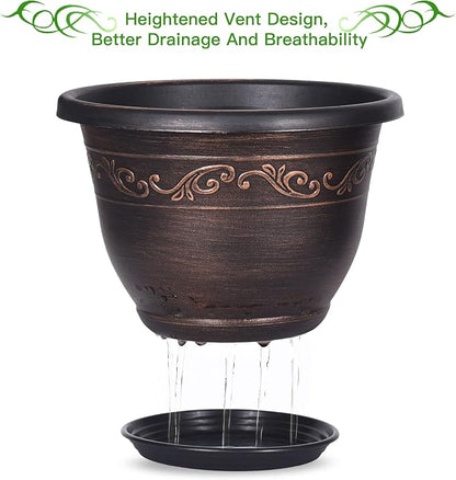 Plastic-Plant-Flower-Planters-14 Inch With Drainage Hole & Saucer, 3 Packs Lightweight Large Resin Flower Pot Indoor Outdoor, Retro Antique Imitation Decorative Garden Containers Sets For Houseplants