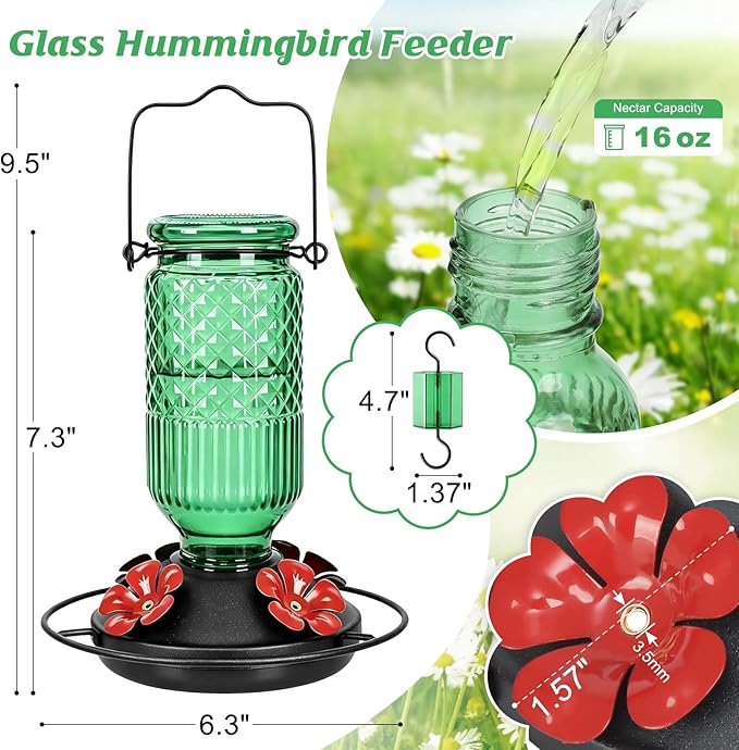 FEED GARDEN Glass Hummingbird Feeder 2 Pack, 16oz Leak-Proof with Ant Moat & Bee Guards, Easy Clean Wide Mouth, Metal Perches, Green Outdoor Hanging