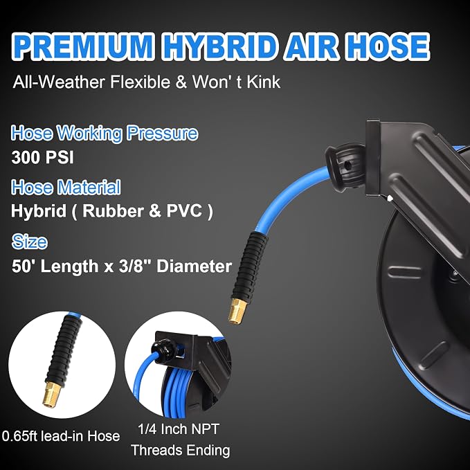 Retractable Air Hose Reel With 3/8" Inch x 50' Ft, Heavy Duty Steel Hose Reel Auto Rewind Pneumatic,Industrial Grade Rubber Hose,Black