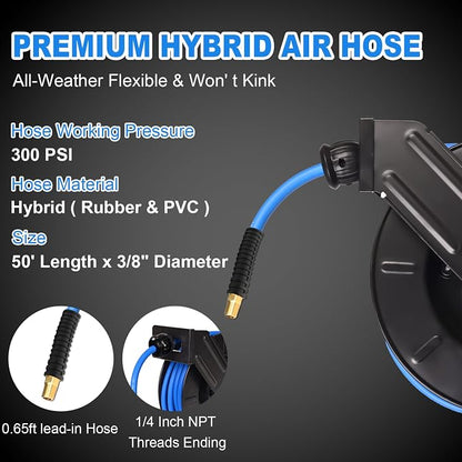 Retractable Air Hose Reel With 3/8" Inch x 50' Ft, Heavy Duty Steel Hose Reel Auto Rewind Pneumatic,Industrial Grade Rubber Hose,Black