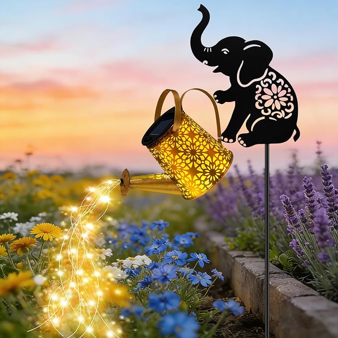 VOOKRY Solar Lights Outdoor,Watering Can with Elephant Silhouette Stake | Garden Gifts for Mom,Women&Garden Lovers Waterproof Metal Garden Water kettle,Decorative Yard Patio Lawn Pathway Decor(1Pack)