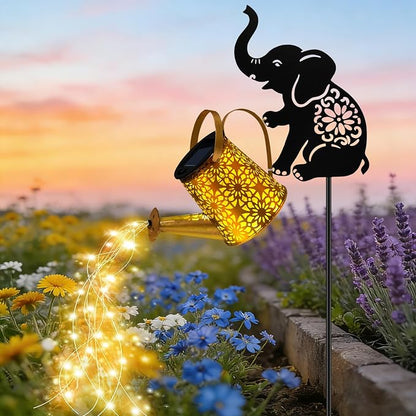 VOOKRY Solar Lights Outdoor,Watering Can with Elephant Silhouette Stake | Garden Gifts for Mom,Women&Garden Lovers Waterproof Metal Garden Water kettle,Decorative Yard Patio Lawn Pathway Decor(1Pack)