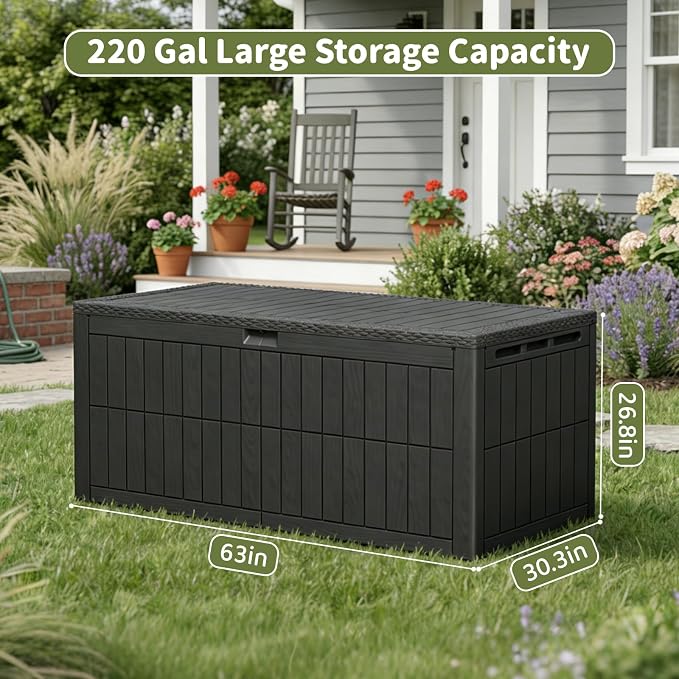 220 Gallon Outdoor Storage Box, Waterproof Lockable Deck Box | Resin Storage Bin for Patio Furniture Cushions, Garden Tools, Pool Supplies Organization, Indoor & Outdoor Use