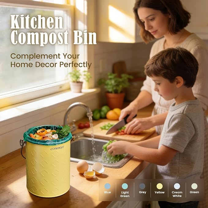 AOSION Countertop Compost Bin Kitchen,Odorless Indoor Compost Bin with Lid | 1 Gallon Composter Container,Removable Inner Bucket,50 Compost Bags,2 Carbon Filters,ideal for food scraps,coffee grounds