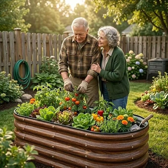 SnugNiture 3 Pcs 4x2x1.5ft Raised Garden Bed Outdoor, 17" Tall Galvanized Metal Planter Box, Oval Raised Garden Bed Kit for Planting Vegetables Plants Fruits, Brown