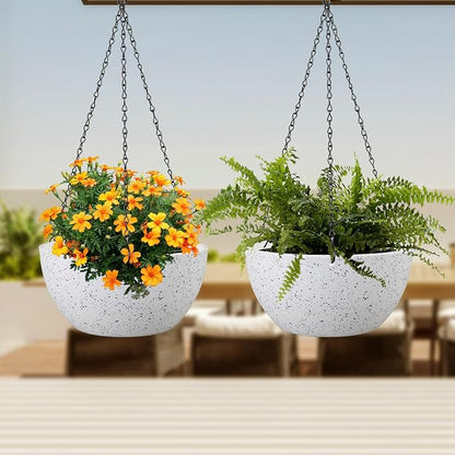Meowell 10 inch Hanging Planters for Indoor Outdoor Plants, 2 Pack Hanging Flower Pots with Drainage Holes and Chain for Garden Porch, Plastic Hanging Baskets for House Plants, Speckled White