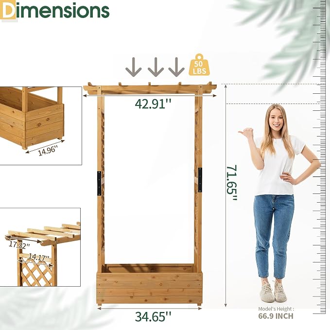 VINGLI Raised Garden Bed with Trellis & Hanging Roof, Wooden Planter Box with Drainage Holes for Outdoor Climbing Plants Vegetables Flowers, Patio Yard Balcony (Teak, Taller)