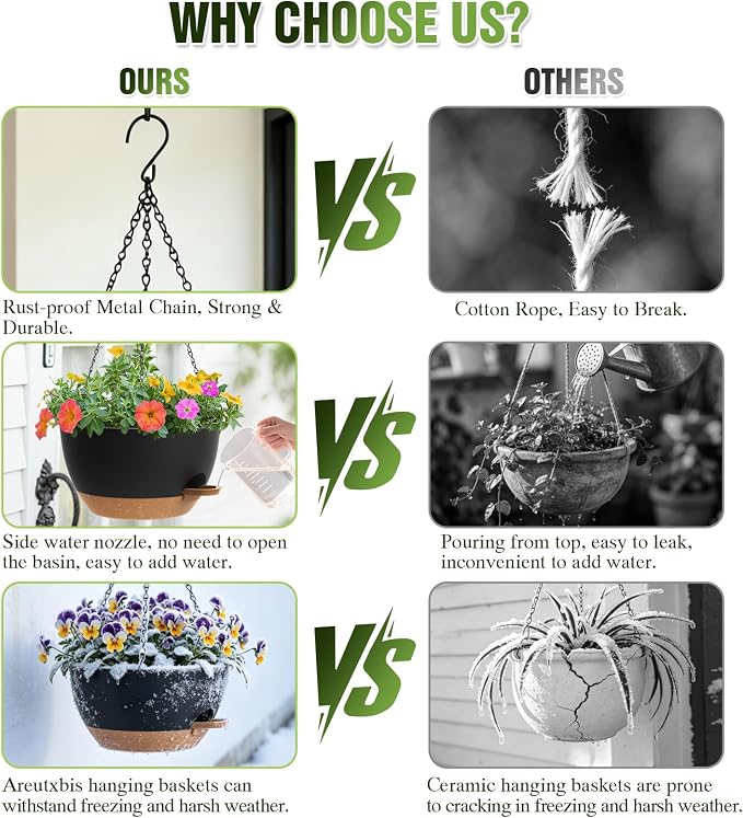 10 Inch Self-Watering Hanging Planters Set of 3 with Saucers | Set of 3 10-inch self-watering hanging planters with extra growing space, side-fill ports, chain hangers & snap-on saucers