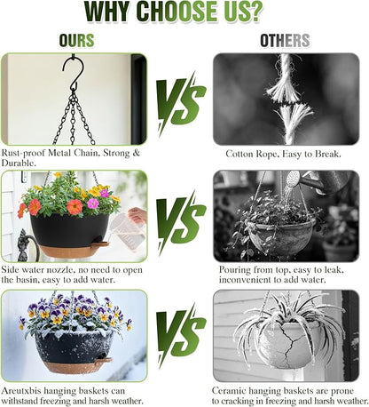10 Inch Self-Watering Hanging Planters Set of 3 with Saucers | Set of 3 10-inch self-watering hanging planters with extra growing space, side-fill ports, chain hangers & snap-on saucers