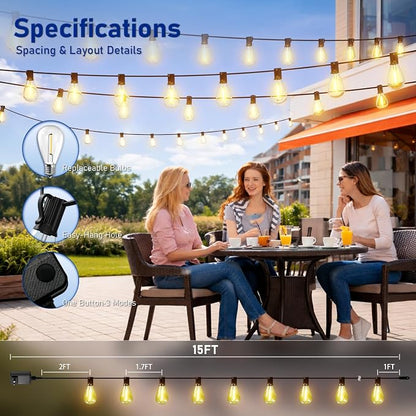 15FT Outdoor String Lights with Remote & Dimmable, 8+1 Shatterproof Waterproof Bulbs, Dimmable Outside Hanging Patio Lights for Backyard, Porch, Deck, Garden 2700K Warm White
