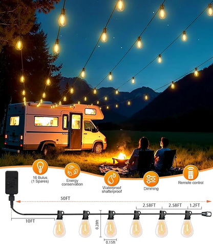 Tenmiro 50FT LED Outdoor String Lights with Remote,16+ 1 Shatterproof Bulbs Waterproof and Dimmable Patio Lights for Porch, Garden, Backyard, Deck, Balcony, Hanging Lighting Decor