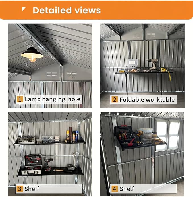 KEIKI 12x10 Ft Metal Outdoor Storage Shed Garden with Window, Foldable Worktable & Shelves, Lockable Door, Waterproof Apex Roof Heavy Duty Tool House for Backyard Garden Lawn, Brown