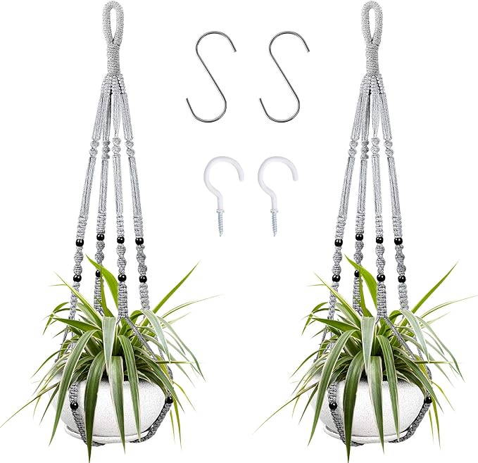 Augshy 2 Packs Macrame Hanging Planter, Indoor Hanging Planter Basket with Wood Beads Decorative Macrame Pot Hanger for Home Decor (Grey)