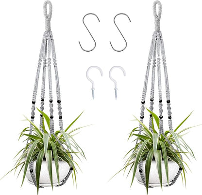 Augshy 2 Packs Macrame Hanging Planter, Indoor Hanging Planter Basket with Wood Beads Decorative Macrame Pot Hanger for Home Decor (Grey)