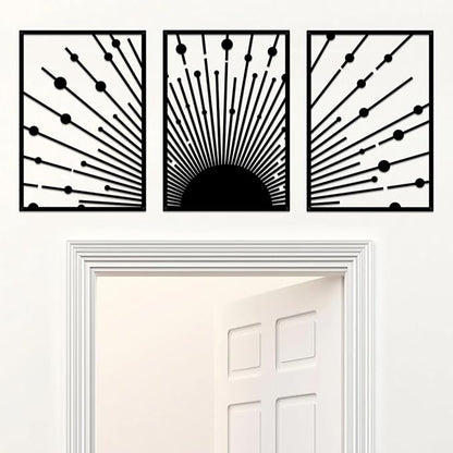 ruelen Black Metal Sun Wall Decor, Set of 3 Minimalist Sunshine Line Art Sculpture, Large Outdoor Metal Wall Art, Nautical Black Celestial Outdoor Decorative Wall Panel for Outside & Modern Home Wall Decor(15.7x11'' Per Piece)