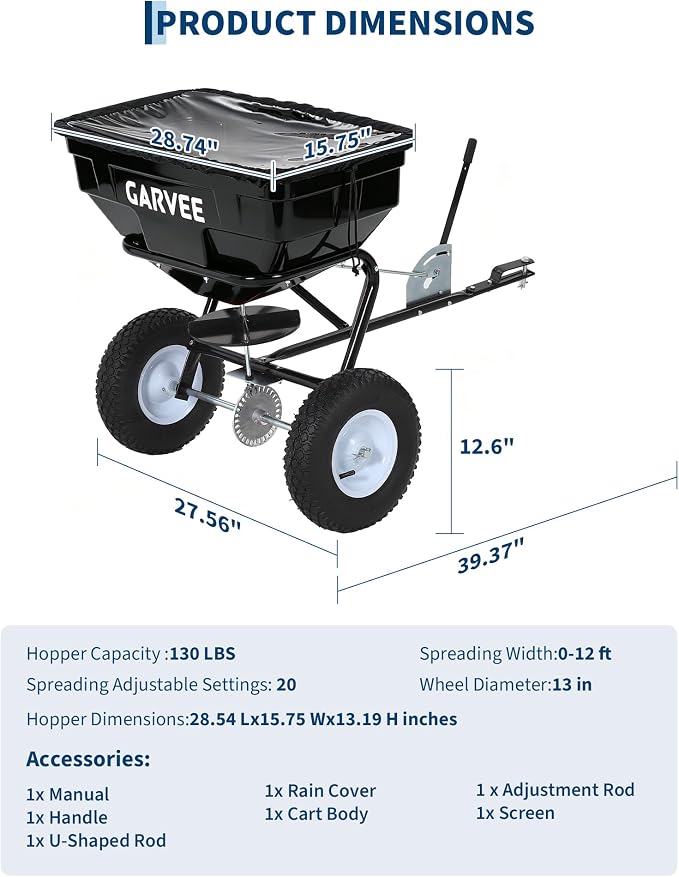 Tow Behind Broadcast Spreader, 125 LBS Large Capacity Universal Hook Tow & Push Lawn Spreader, 9.8 ft Spreading Width 30 Adjustable Settings, Compatible with UTV ATV Riding Mower & Most Tractors