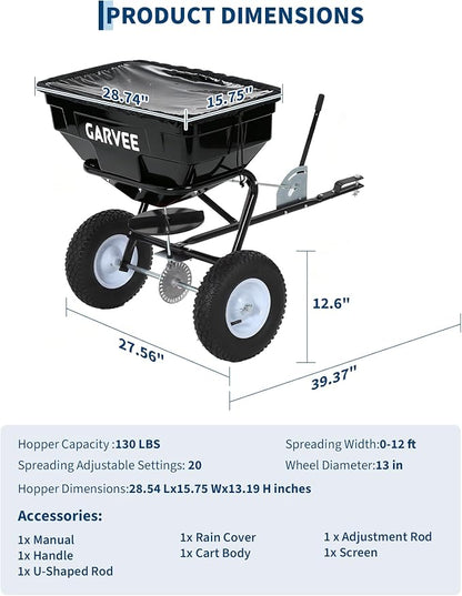 Tow Behind Broadcast Spreader, 125 LBS Large Capacity Universal Hook Tow & Push Lawn Spreader, 9.8 ft Spreading Width 30 Adjustable Settings, Compatible with UTV ATV Riding Mower & Most Tractors