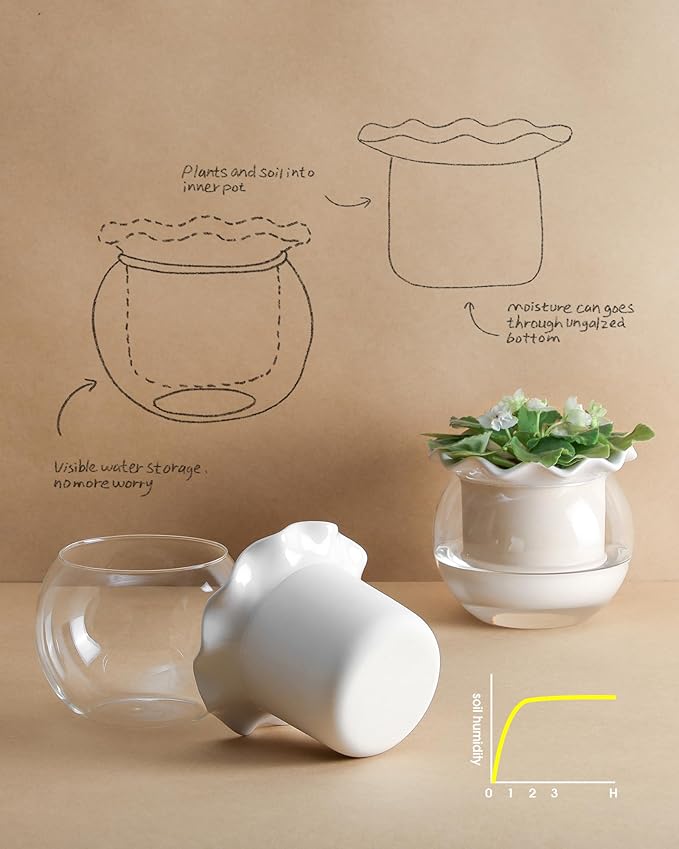 Fayoula 6 Inch African Violet Pots Maintenance, Glass Self-Watering Planter for Indoor Plants - Ideal Flower Pot for Thriving Indoor Gardens, Pots Only (Version 2)