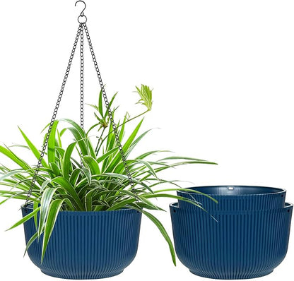 RooTrimmer Hanging Planters 9/10/11 Inch for Indoor Plants, 3 Pack Plant Hanger Outdoor with Drainage Holes, Self Watering Hanging Basket Flower Pot for Garden Home Decor, Dark Blue
