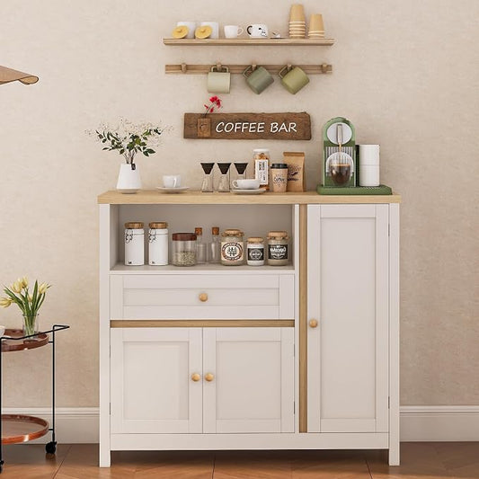 Viaozutis Coffee Bar Cabinet with Doors and Drawer, 35.4" Kitchen Storage Cabinet with Adjustable Shelf, Freestanding Buffet Sideboard for Dining Room, Bathroom, Entryway, White