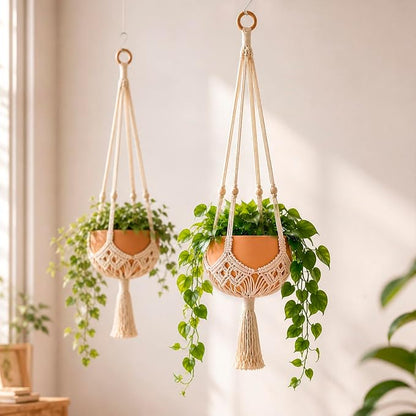 Shappy 2 Pack Boho Macrame Plant Hanger, Large Hanging Planter Plant Holder Pot Hanger Hanging Basket Wall Planters, Plants Lover Gift for Indoor Garden (Wooden Ring and Wooden Beads,White)