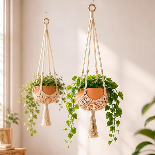Shappy 2 Pack Boho Macrame Plant Hanger, Large Hanging Planter Plant Holder Pot Hanger Hanging Basket Wall Planters, Plants Lover Gift for Indoor Garden (Wooden Ring and Wooden Beads,White)