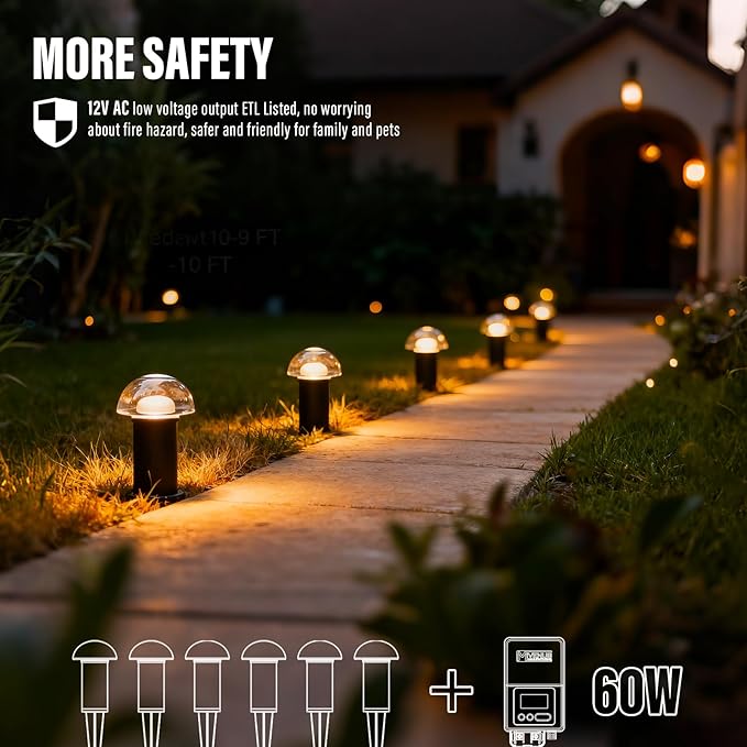 VENUS MANUFACTURING Low Voltage Landscape Pathway Lighting 6PK 1.5W LED Mushroom Lights 35Lumen Wired Walkway Light 3000K Warm White Driveway & Sideway Lights Metal Black Finish with Connector Stake