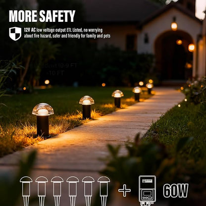 VENUS MANUFACTURING Low Voltage Landscape Pathway Lighting 6PK 1.5W LED Mushroom Lights 35Lumen Wired Walkway Light 3000K Warm White Driveway & Sideway Lights Metal Black Finish with Connector Stake