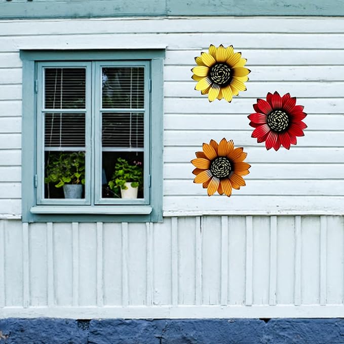 Sunflower Outdoor Metal Wall Art - 3Pack 9" Metal Flowers Wall Decor for Porch, Garden, Yard - Weather-Resistant Indoor Floral Wall Art - Durable Outdoor Wall Decor