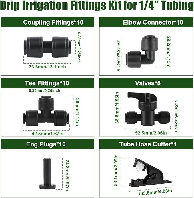 Kalolary 46PCS Quick Connect 1/4" Drip Irrigation Fitting Kit, 1/4'' Drip Line Push-to-Fit Connectors Leak Free Fitting Set with 10 Tees, 10 Couplings, 10 Elbows, 5 Valves, 10 End Plugs &1 Hose Cutter