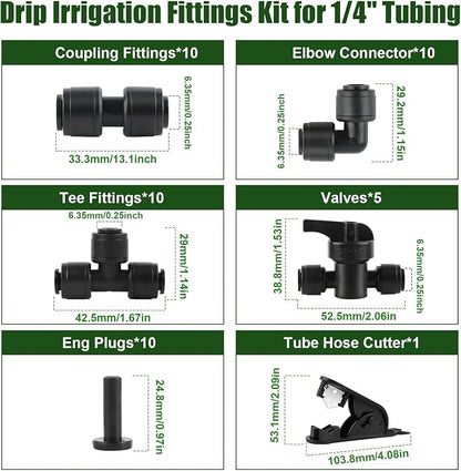 Kalolary 46PCS Quick Connect 1/4" Drip Irrigation Fitting Kit, 1/4'' Drip Line Push-to-Fit Connectors Leak Free Fitting Set with 10 Tees, 10 Couplings, 10 Elbows, 5 Valves, 10 End Plugs &1 Hose Cutter