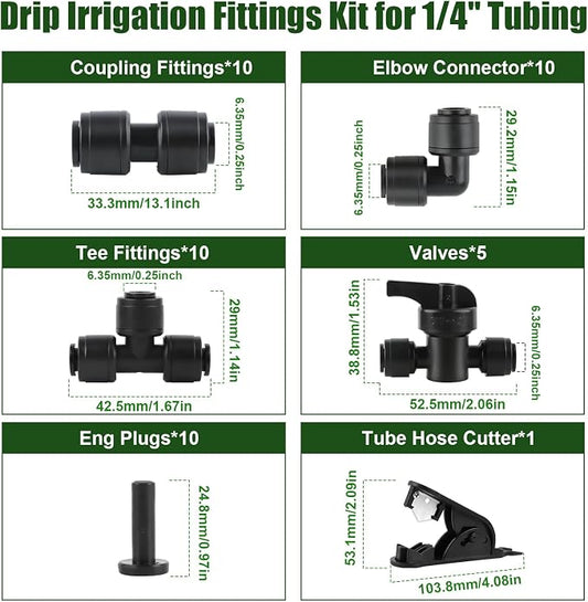 Kalolary 46PCS Quick Connect 1/4" Drip Irrigation Fitting Kit, 1/4'' Drip Line Push-to-Fit Connectors Leak Free Fitting Set with 10 Tees, 10 Couplings, 10 Elbows, 5 Valves, 10 End Plugs &1 Hose Cutter