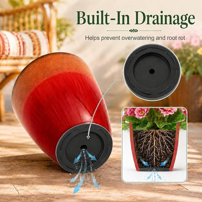Neoaider Set of 2 Tall Planter, 21 inch Large Plastic Planter, Firey Red | Ceramic-Look, Lightweight, Built-in Drain Hole, Saucers, Tall Outdoor Planter for Porch, Garden, Patio, Balcony
