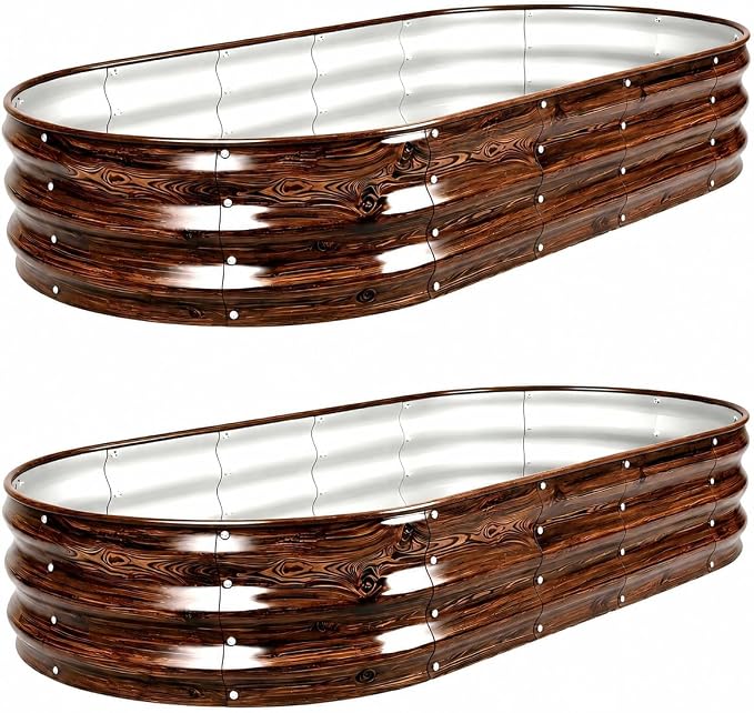 Galvanized Raised Garden Bed, 6x3x1 FT Galvanized Steel Metal Raised Garden Bed, Oval Open-Bottom Design, 12-Inch Deep for Outdoor Vegetable & Herb Gardening, Fruit Wood Grain, 2 Packs