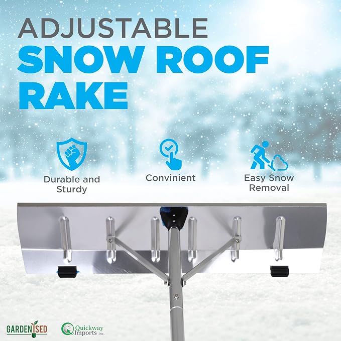 Quickway Imports Snow Rake Shovel | Aluminum Snow & Leaf Removal Tool & Pusher Scraper for House Roof & Car with 26” Rolling Blade, Lightweight 5-21’ Telescoping Extendable Handle & Nonslip Grip,Gray
