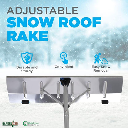 Quickway Imports Snow Rake Shovel | Aluminum Snow & Leaf Removal Tool & Pusher Scraper for House Roof & Car with 26” Rolling Blade, Lightweight 5-21’ Telescoping Extendable Handle & Nonslip Grip,Gray
