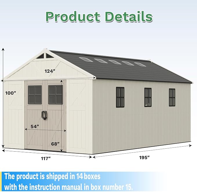 Greesum 10X16FT Plastic Outdoor Storage Shed with Floor and Lockable Door, Resin Sheds with 8-Windows and Multiple Skylights, HDPE Kick-it Shed for Garden, Patio, Backyard, Beige