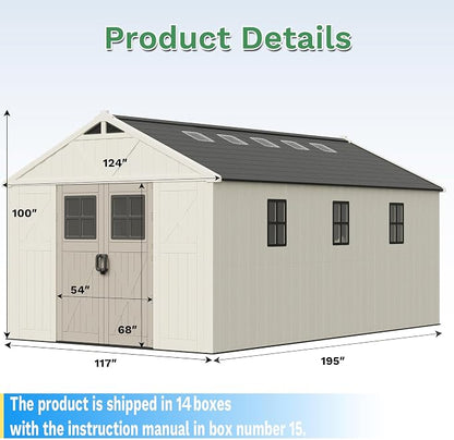 Greesum 10X16FT Plastic Outdoor Storage Shed with Floor and Lockable Door, Resin Sheds with 8-Windows and Multiple Skylights, HDPE Kick-it Shed for Garden, Patio, Backyard, Beige