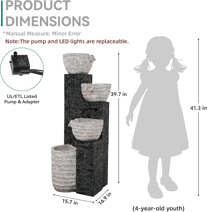 40" H Multilayer Cascading Outdoor Water Fountain with LED Lights & Pump, Sand-Textured Polyresin Freestanding Garden Fountain for Tranquil Garden, Patio or Porch | Unique Sand-Textured Polyresin Freestanding Garden Fountain for Garden, Patio or Porch