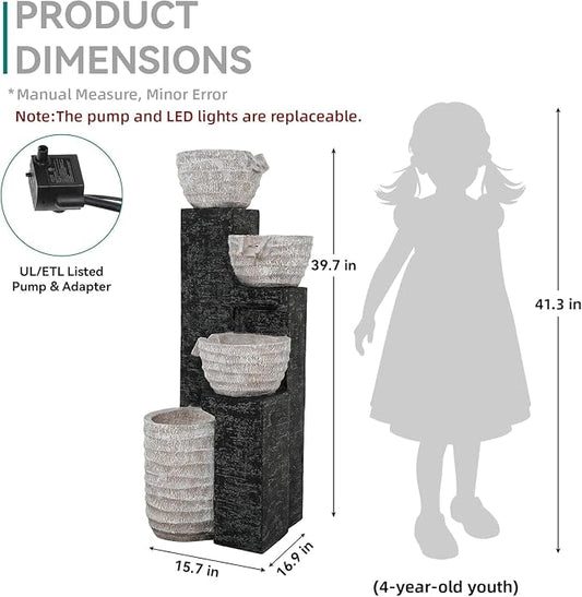40" H Multilayer Cascading Outdoor Water Fountain with LED Lights & Pump, Sand-Textured Polyresin Freestanding Garden Fountain for Tranquil Garden, Patio or Porch | Unique Sand-Textured Polyresin Freestanding Garden Fountain for Garden, Patio or Porch