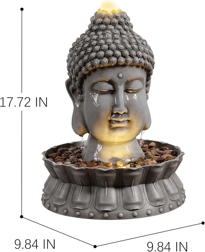 Kalona Buddha Water Fountain Outdoor with LED Lights, Buddha Statue Outdoor Garden Zen Fountain with Stones, Water Feature for Patio, Porch, Backyard, Lawn & Home Decor