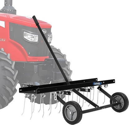Garvee Tow Behind Lawn Rake, 48-Inch Tow Dethatcher with 24 Spring Steel Tines, Lawn Dethatcher Rake for ATV or Mower, Lawn Sweeper with Lift Handle for Garden Farm Grass, Black (with Gloves)