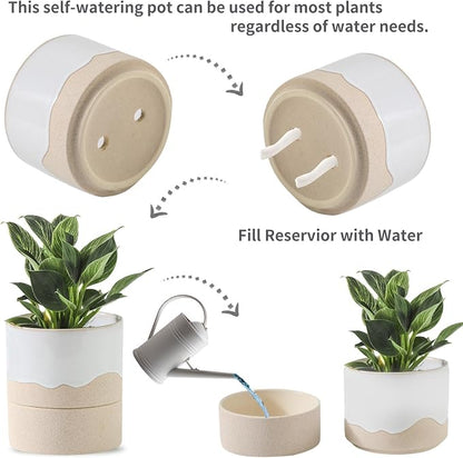 Nihow Self Watering Ceramic Planter, 4.5+6 Inch, White & Nature | Drainage Hole & Water Storage Plus, Cylinder Flower Pot, With Wick, For Indoor Plants & Herbs